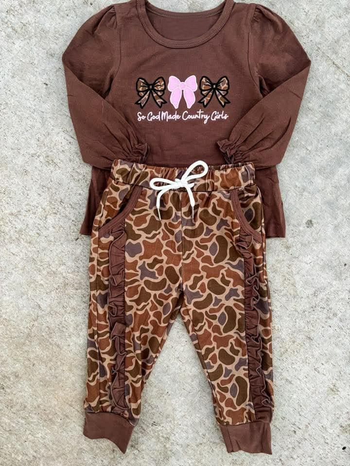 ( Moq 5 ) Preorder Baby Girls Brown Long Sleeves Bows Shirt Leopard Pockets Pants Clothes Outfit