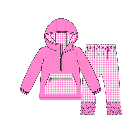 ( Moq 5 ) Preorder Baby Girls Pink Plaid Zipper Pocket Hoodie Pullover Ruffle Pants Set
