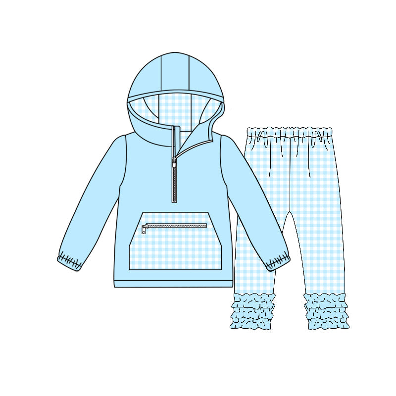 ( Moq 5 ) Preorder Baby Girls Blue Plaid Zipper Pocket Hoodie Pullover Ruffle Pants Set