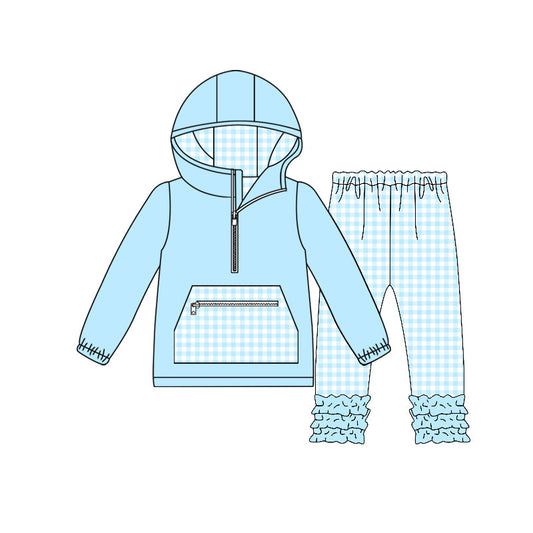 ( Moq 5 ) Preorder Baby Girls Blue Plaid Zipper Pocket Hoodie Pullover Ruffle Pants Set