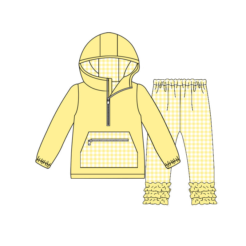 ( Moq 5 ) Preorder Baby Girls Yellow Plaid Zipper Pocket Hoodie Pullover Ruffle Pants Set