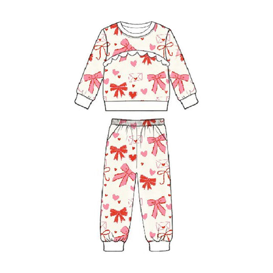 ( Moq 5 ) Preorder Baby Girls Long Sleeves Hearts Bows Shirt Pockets Pants Valentine Clothes Set
