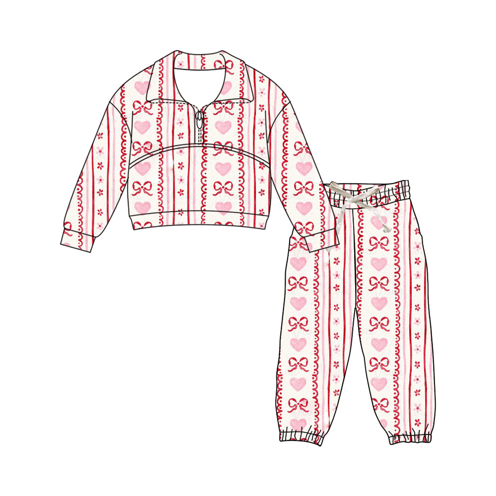 ( Moq 5 ) Preorder Baby Girls Long Sleeves Hearts Bows Flower Zipper Shirt Pants Valentine Set
