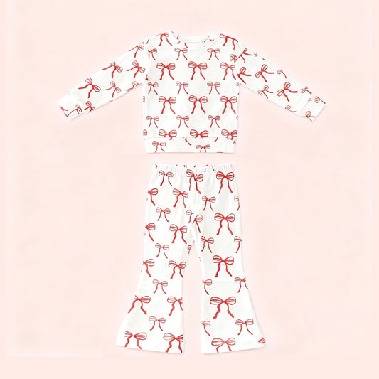 ( Moq 5 ) Preorder Baby Girls Kids Long Sleeves Red Bows Shirt Bell Pants Clothes Set