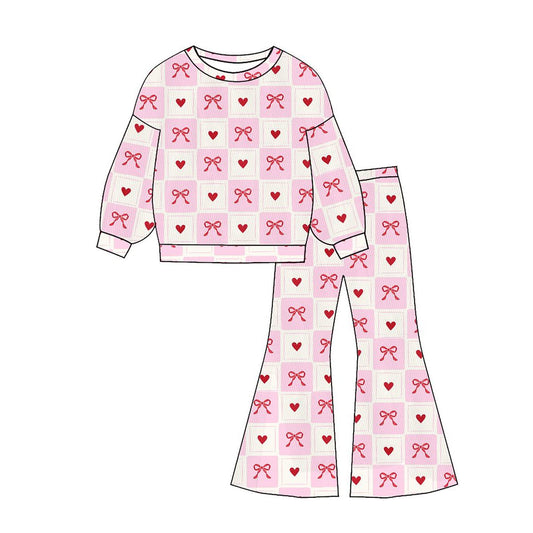 ( Moq 5 ) Preorder Baby Girls Long Sleeves Bows Hearts Plaid Shirt Bell Pants Valentines Outfit