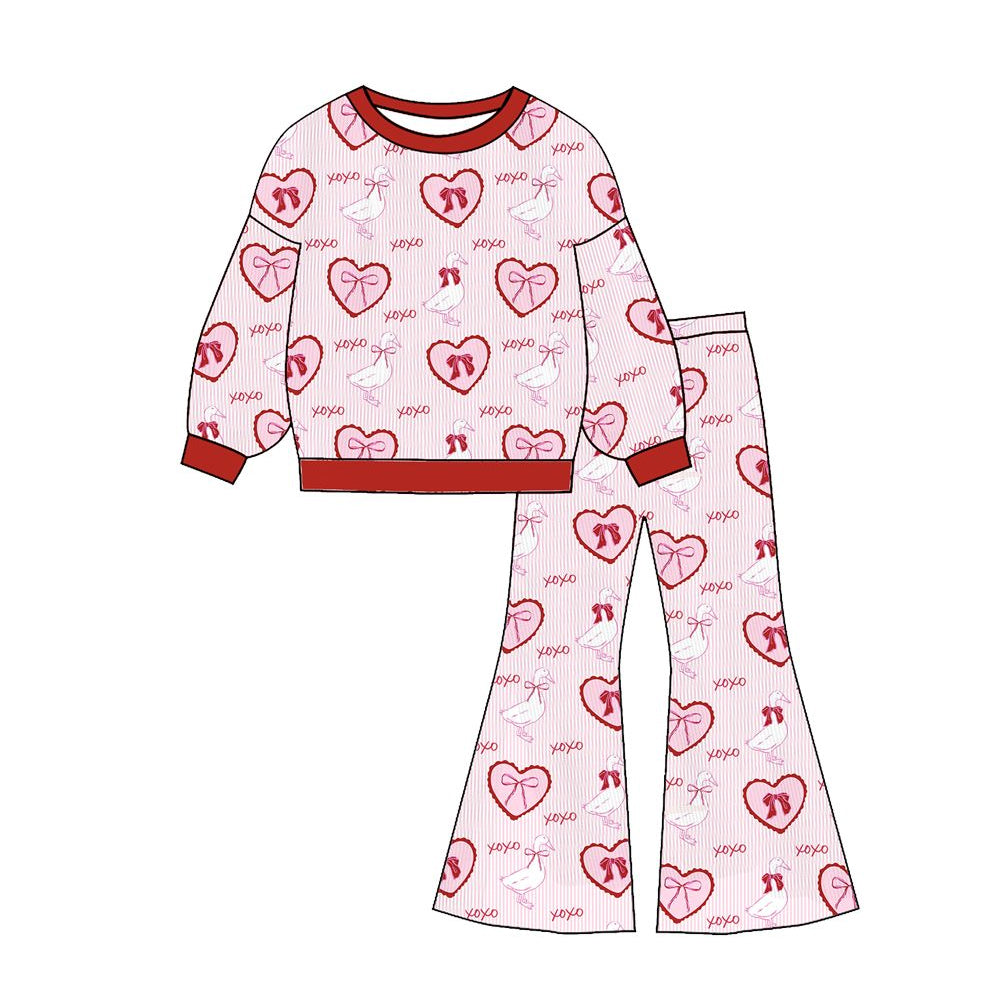 ( Moq 5 ) Preorder Baby Girls Long Sleeves Bows Hearts Ducks Shirt Bell Pants Valentines Outfit