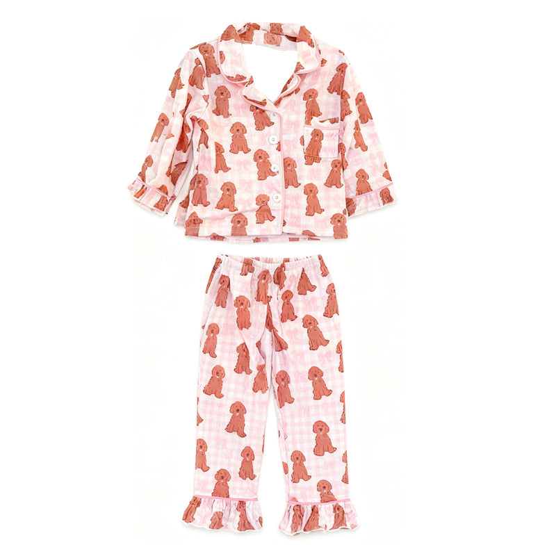 ( Moq 5 ) Preorder Baby Girls Long Sleeves Dogs Buttons Pocket Shirt Pink Paid Pants Pajamas Set