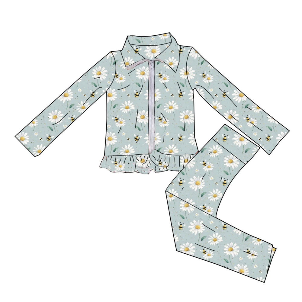 ( Moq 5 ) Preorder Baby Girls Long Sleeves Flowers Zipper Ruffle Jacket Pants Valentines Yoga Green Set