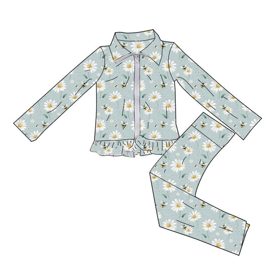 ( Moq 5 ) Preorder Baby Girls Long Sleeves Flowers Zipper Ruffle Jacket Pants Valentines Yoga Green Set