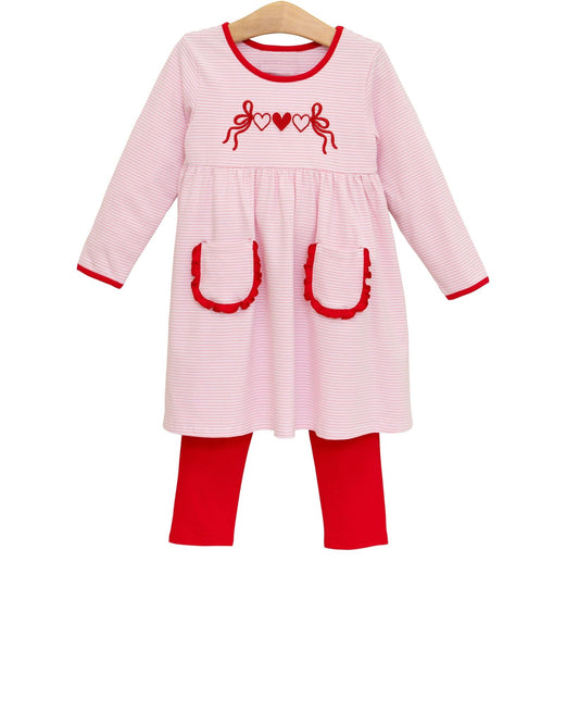 ( Moq 5 ) Preorder Baby Girls Hearts Bows Pockets Stripes Tunic Red Leggings Valentines Set