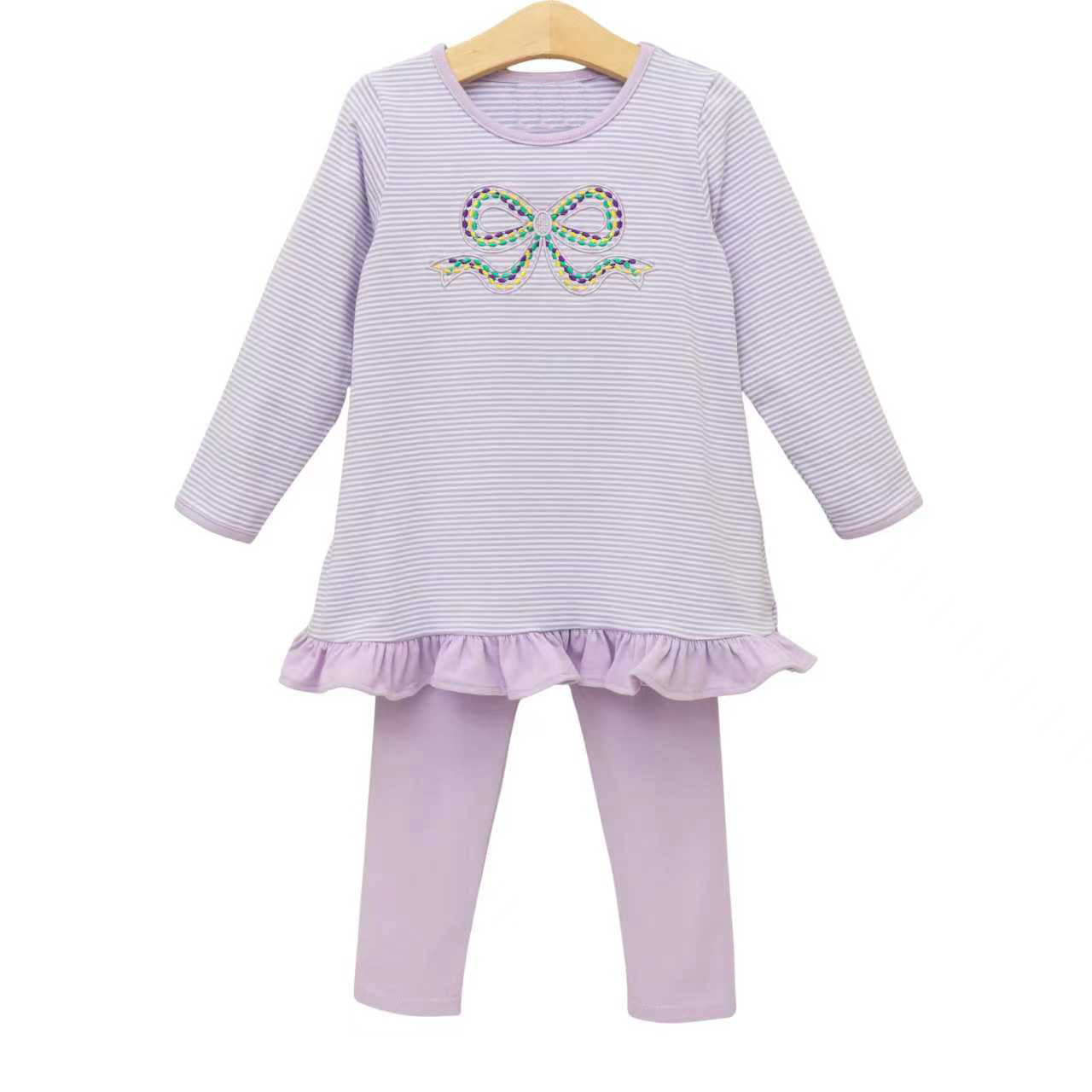 ( Moq 5 ) Preorder Baby Girls Kids Long Sleeves Bow Stripes Tops Purple Leggings Mardi Gras Set