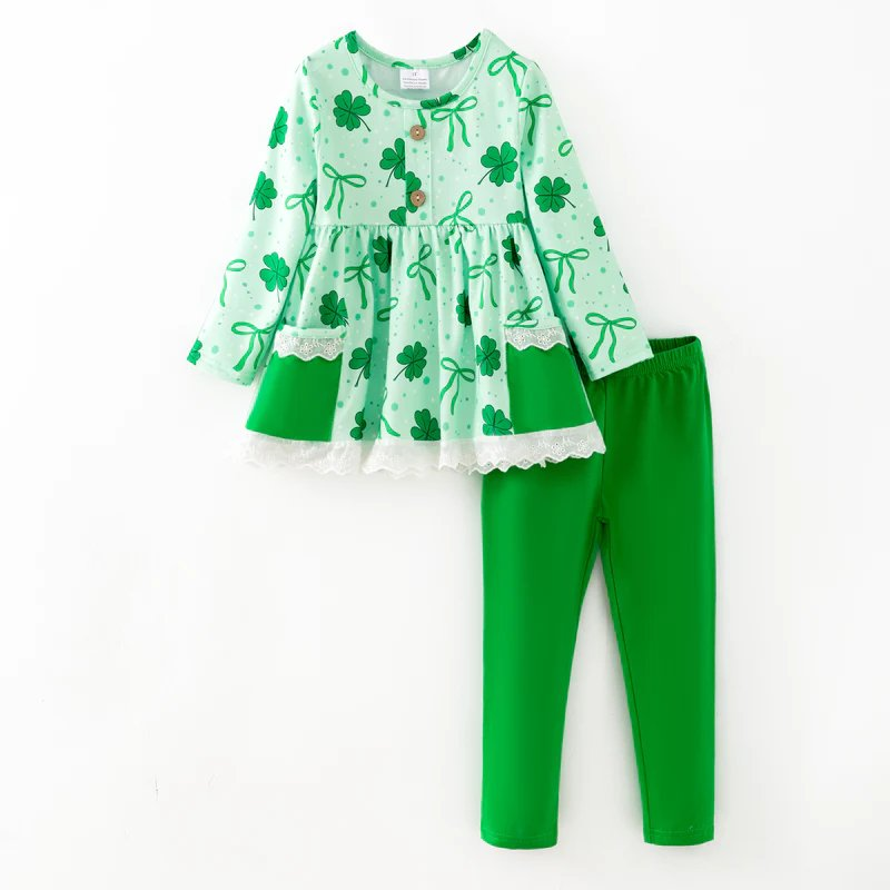 ( Moq 5 ) Preorder Baby Girls Long Sleeves Bows Clovers Pockets Tunic Green Pants St Patrick Clothes Set