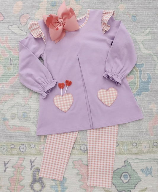 ( Moq 5 ) Preorder Baby Girls Long Sleeves Hearts Purple Tunic Plaid Pants Valentines Clothes Set