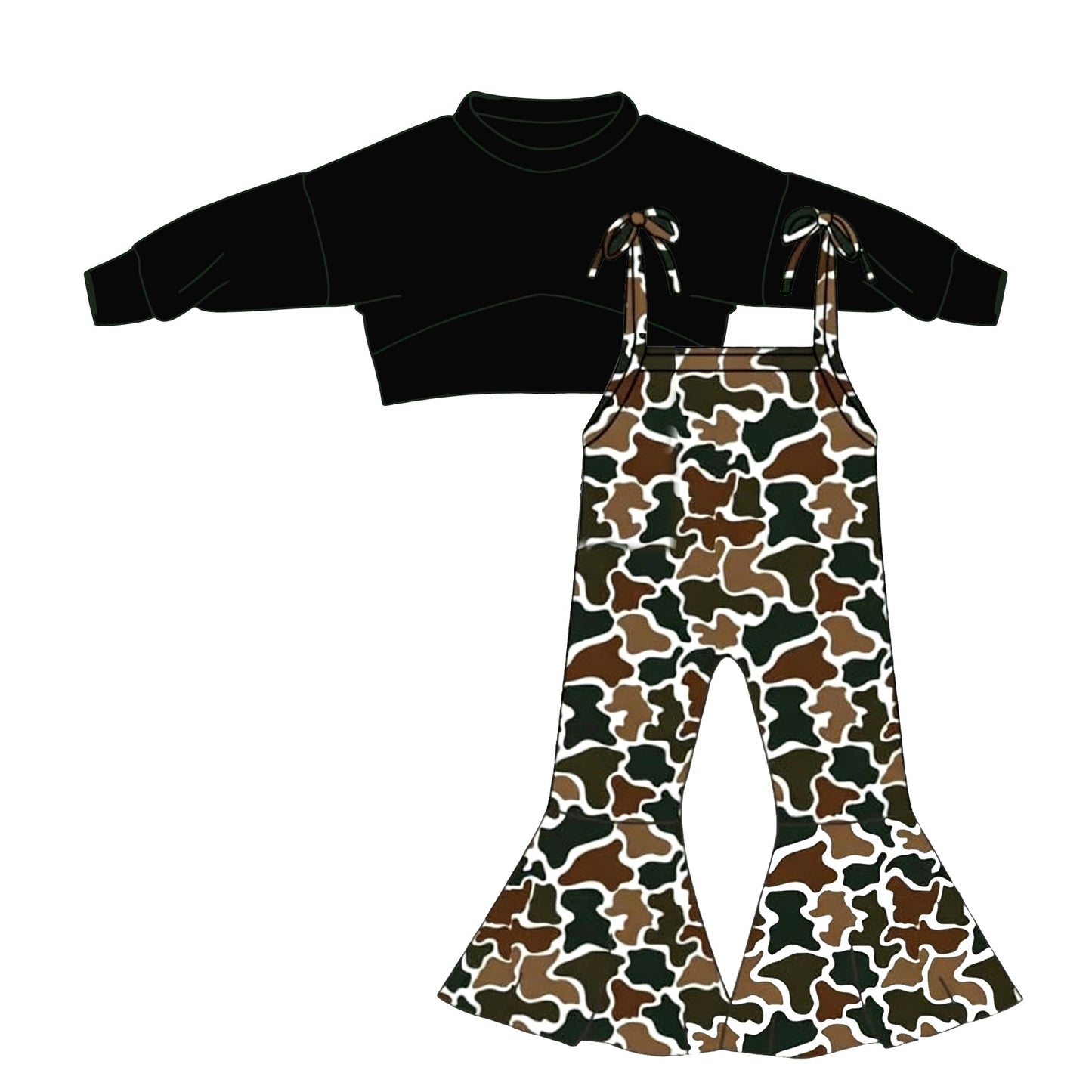 ( Moq 5 ) Preorder Baby Girls Long Sleeves Black Tops Camo Print Bell Pants Jumpsuit Set