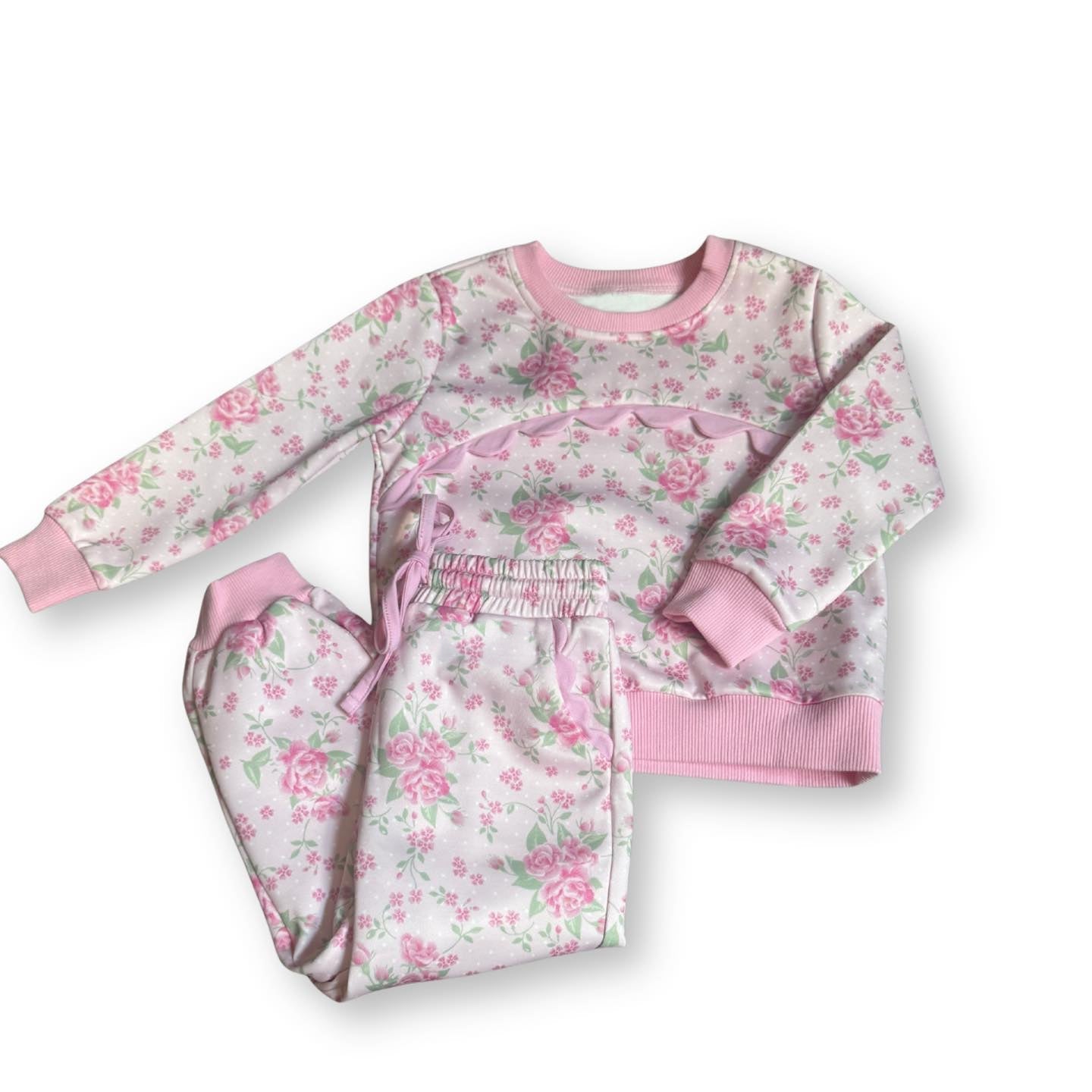 ( Moq 5 ) Preorder Baby Girls Long Sleeves Flower Shirt Pockets Pants Pink Clothes Set