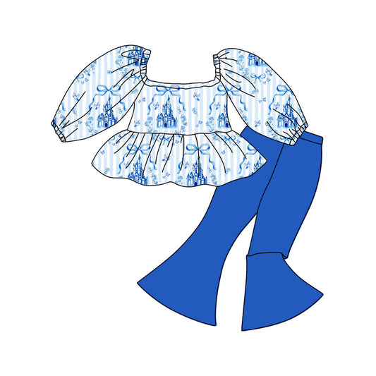 ( Moq 5 ) Preorder Baby Girls Kids Long Sleeves Castles Bows Stripes Tunic Blue Pants Clothes Set