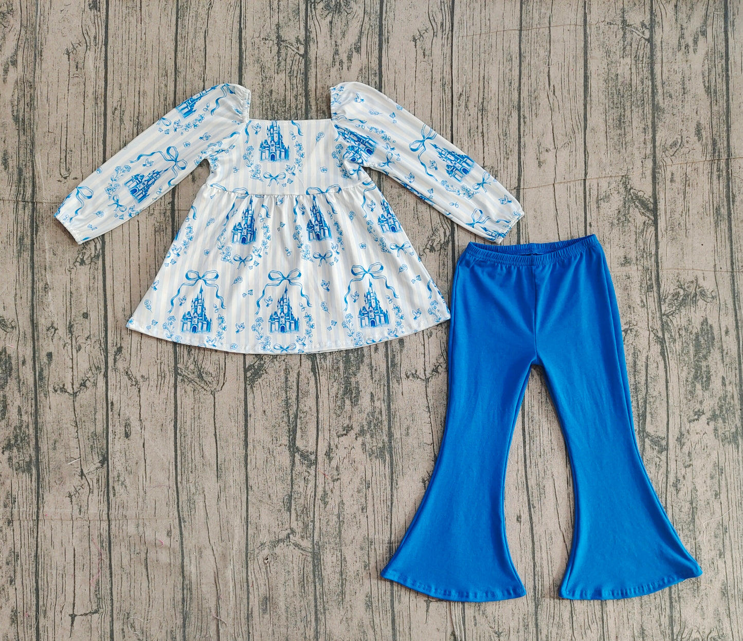 Baby Girls Kids Long Sleeves Castles Bows Stripes Tunic Blue Pants Clothes Set RTS