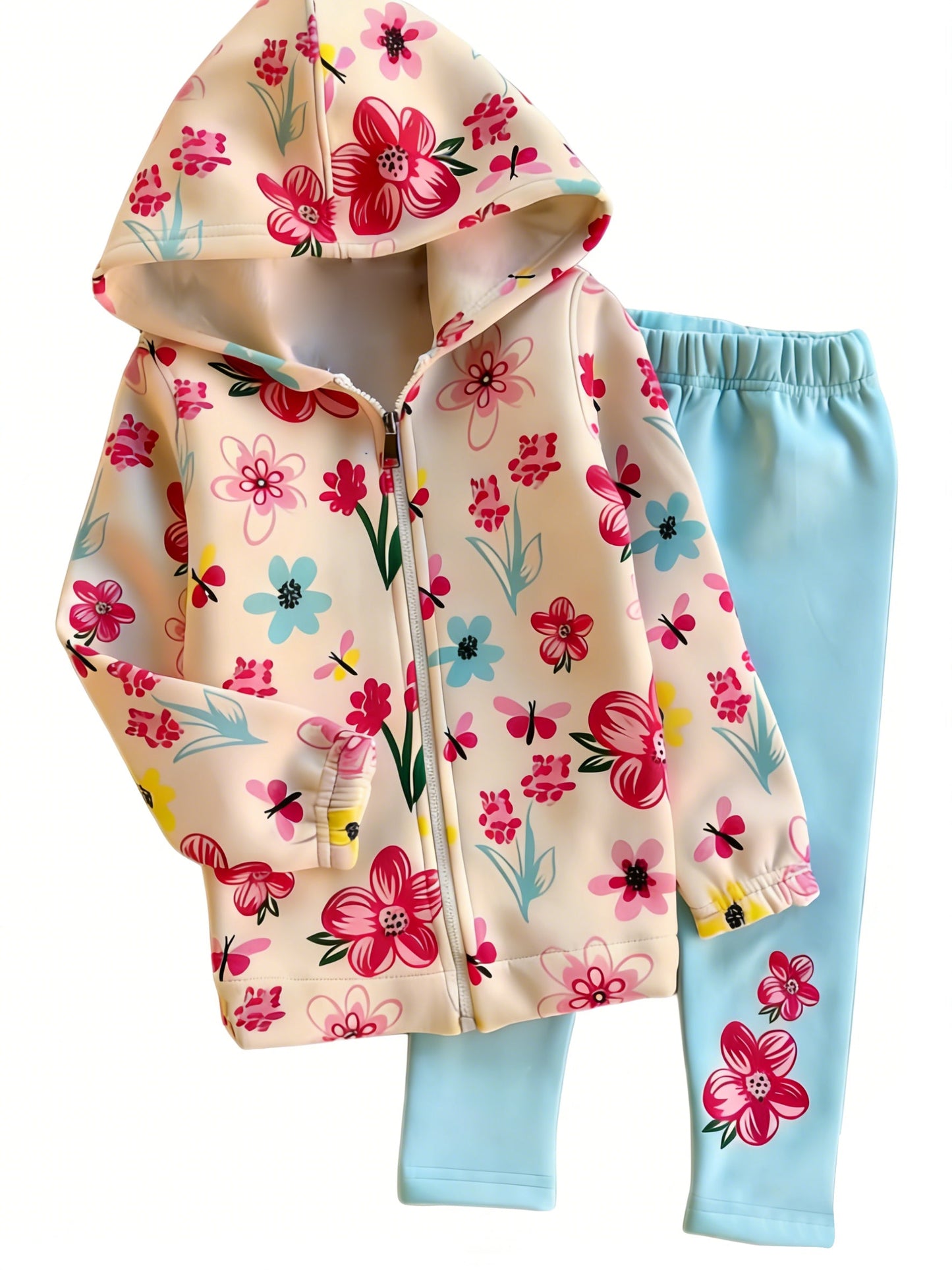 ( Moq 5 ) Preorder Baby Girls Long Sleeves Flowers Zipper Hoodie Tops Blue Legging Clothes Set