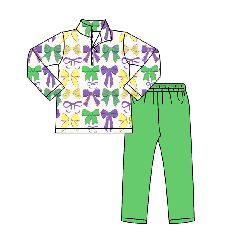( Moq 5 ) Preorder Baby Girls Long Sleeves Bows Zipper Shirt Green Pants Mardi Gras Clothes Set