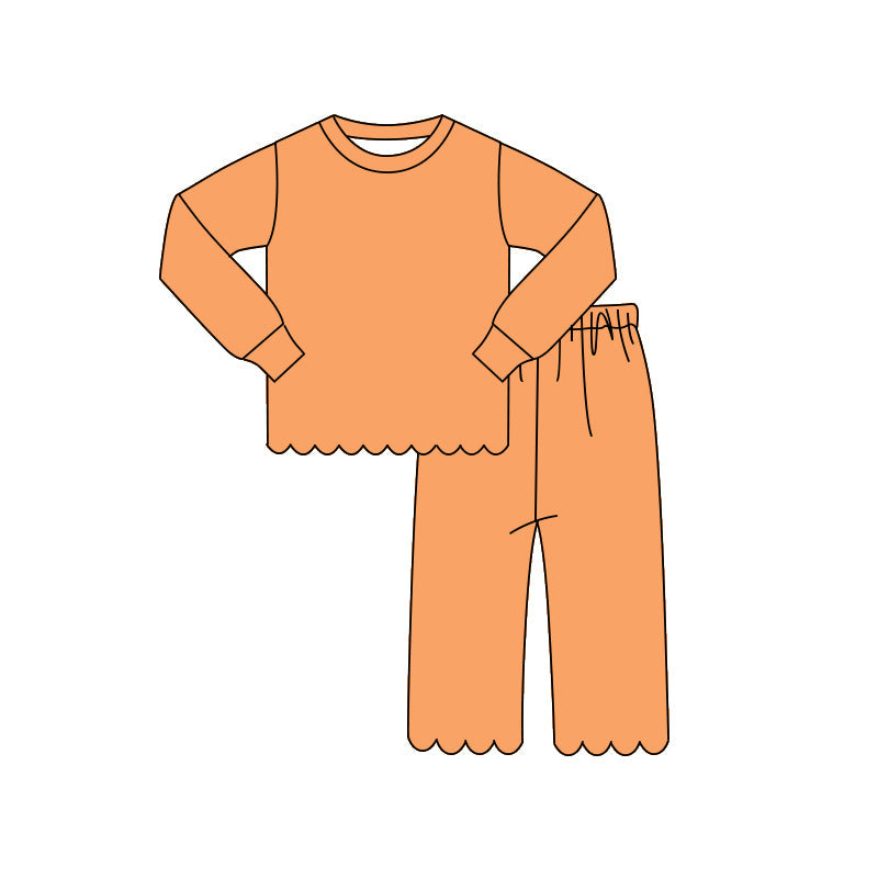 ( Moq 5 ) Preorder Baby Girls Kids Long Sleeves Shirt Pants Set Pajamas Scallop Orange Clothes