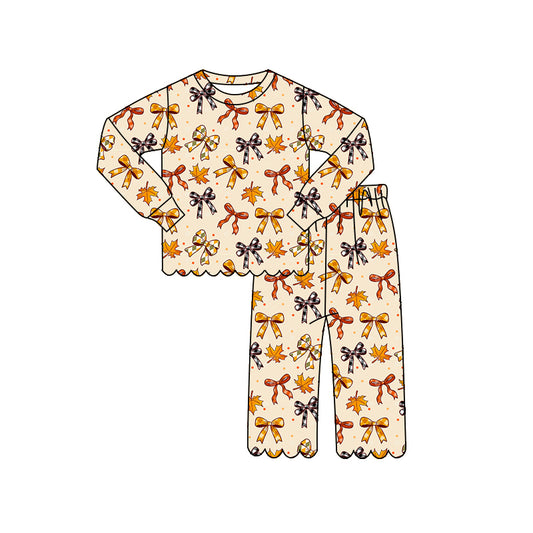 ( Moq 5 ) Preorder Baby Girls Kids Long Sleeves Shirt Scallop Pants Set Bows Leaves Pajamas Clothes