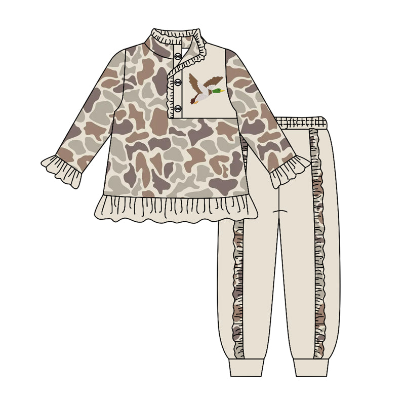 ( Moq 5 ) Preorder Baby Girls Kids Long Sleeves Duck Camo Buttons Shirt Ruffle Pants Set Clothes
