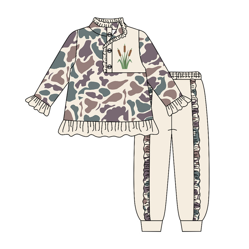 ( Moq 5 ) Preorder Baby Girls Kids Long Sleeves Camo Buttons Shirt Ruffle Pants Set Clothes