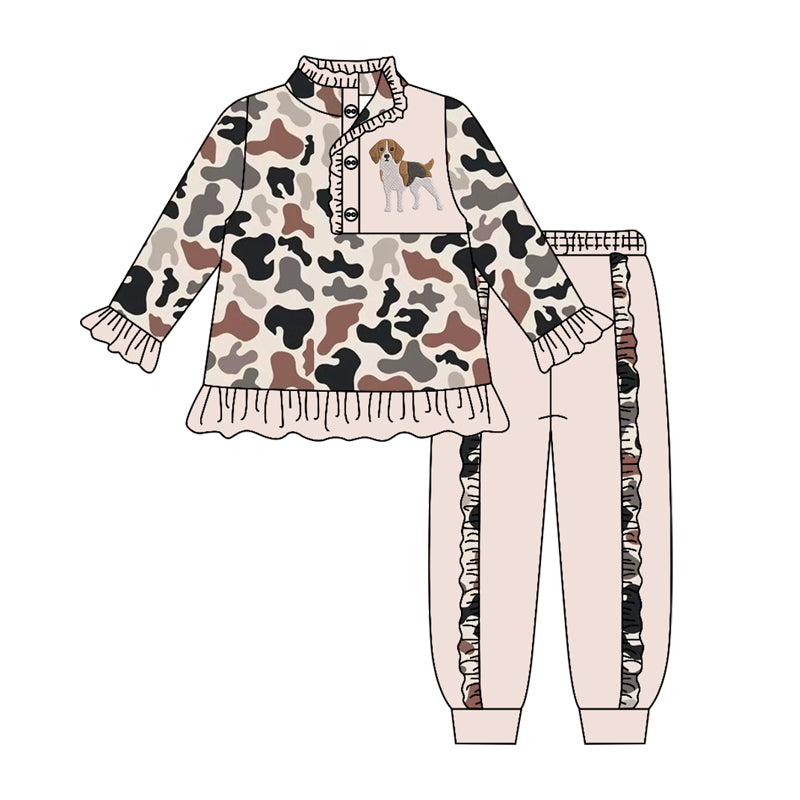 ( Moq 5 ) Preorder Baby Girls Kids Long Sleeves Dog Camo Buttons Shirt Ruffle Pants Set Clothes