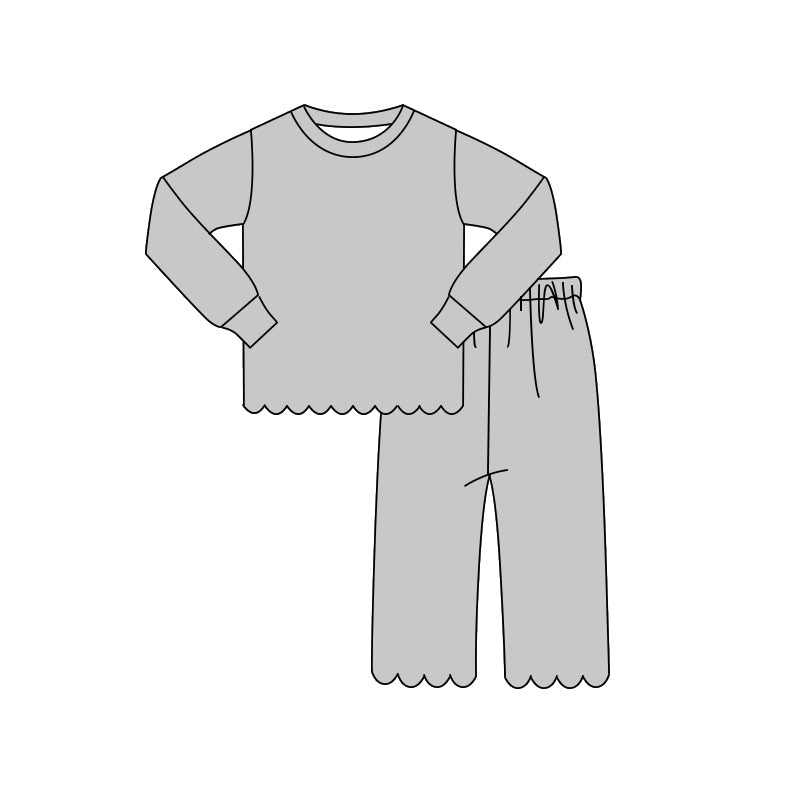 ( Moq 5 ) Preorder Baby Girls Kids Long Sleeves Shirt Scallop Pants Set Pajamas Gray Clothes