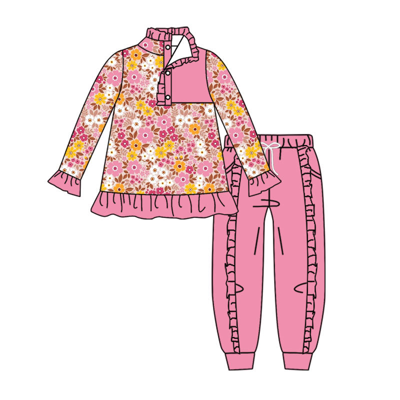 ( Moq 5 ) Preorder Baby Girls Kids Long Sleeves Flower Buttons Pullover Pockets Pink Pants Set Clothes