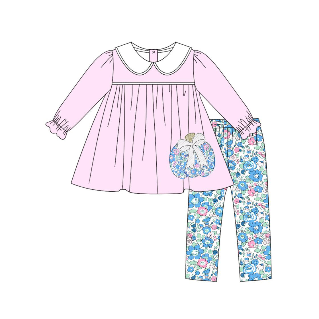 ( Moq 5 ) Preorder Baby Girls Kids Pumpkin Bow Pink Tunic Flower Pants Set Fall Clothes