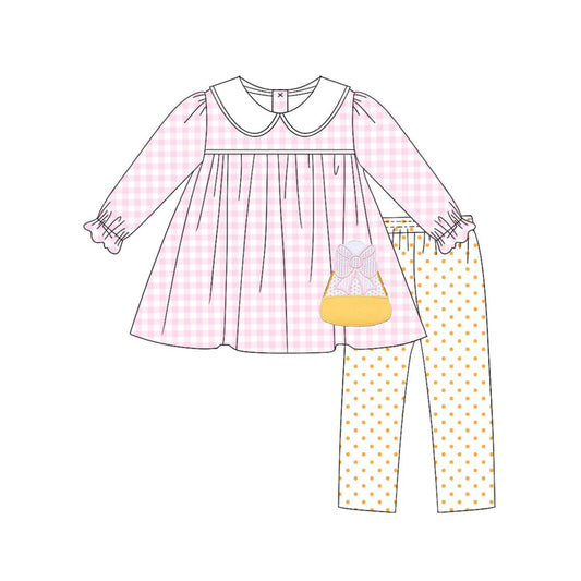 ( Moq 5 ) Preorder Baby Girls Kids Long Sleeves Pink Plaid Bows Candy Tunic Pants Set Halloween Clothes