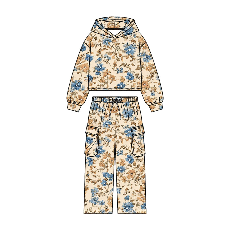( Moq 5 ) Preorder Baby Girls Kids Long Sleeves Hoodie Flower Pullover Pockets Pants Set Clothes