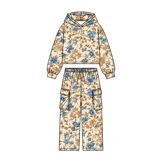 ( Moq 5 ) Preorder Baby Girls Kids Long Sleeves Hoodie Flower Pullover Pockets Pants Set Clothes