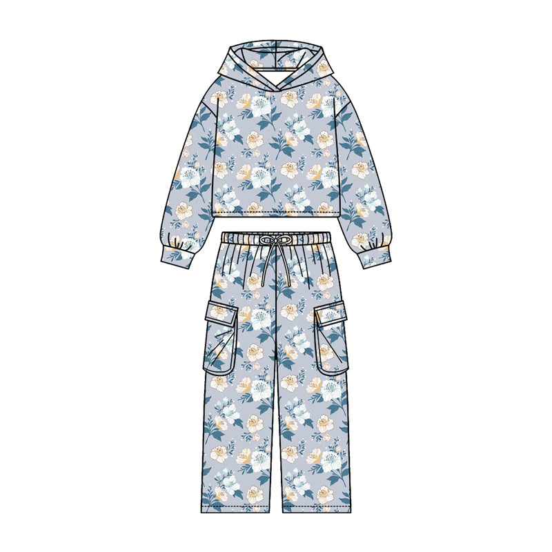 ( Moq 5 ) Preorder Baby Girls Kids Long Sleeves Hoodie Shirt Pockets Pants Set Flower Clothes