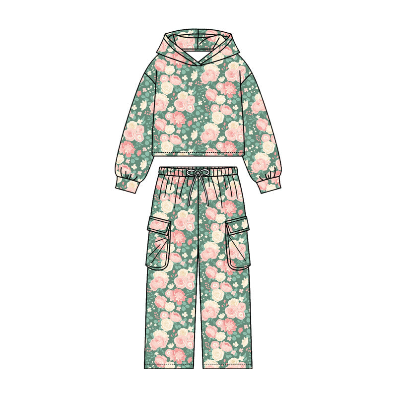 ( Moq 5 ) Preorder Baby Girls Kids Long Sleeves Flower Hoodie Shirt Pockets Pants Set Clothes