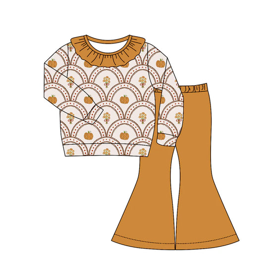 ( Moq 5 ) Preorder Baby Girls Kids Long Sleeves Pumpkins Bows Flower Ruffle Shirt Bell Pants Set Fall Clothes