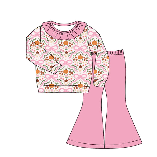 ( Moq 5 ) Preorder Baby Girls Kids Long Sleeves Pumpkins Bows Flower Ruffle Shirt Bell Pants Set Clothes