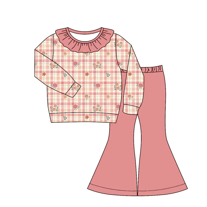 ( Moq 5 ) Preorder Baby Girls Kids Long Sleeves Flower Plaid Ruffle Shirt Bell Pants Set Clothes