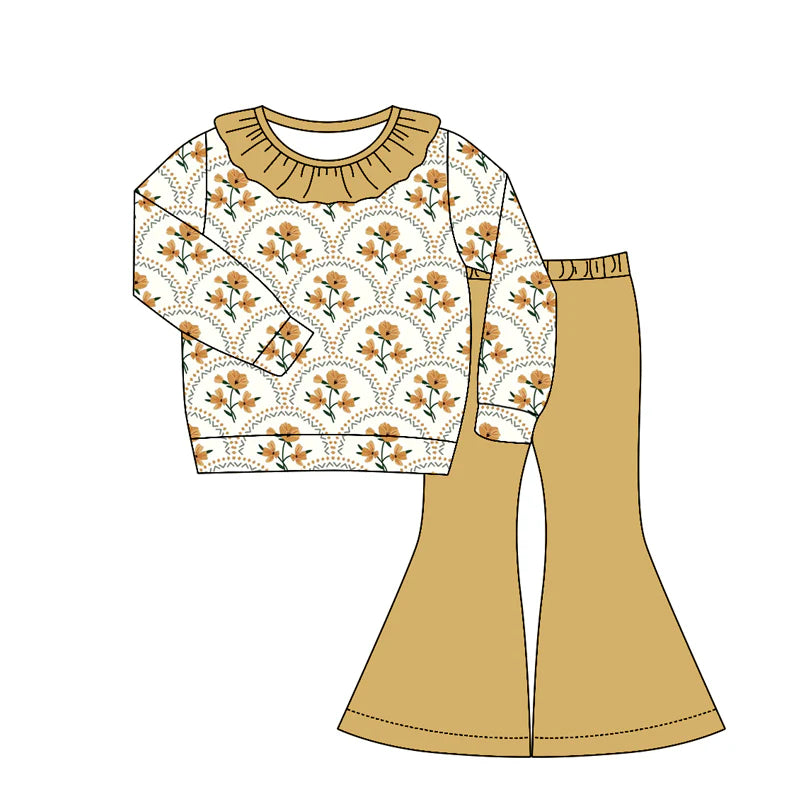 ( Moq 5 ) Preorder Baby Girls Kids Long Sleeves Flower Ruffle Shirt Bell Pants Set Clothes