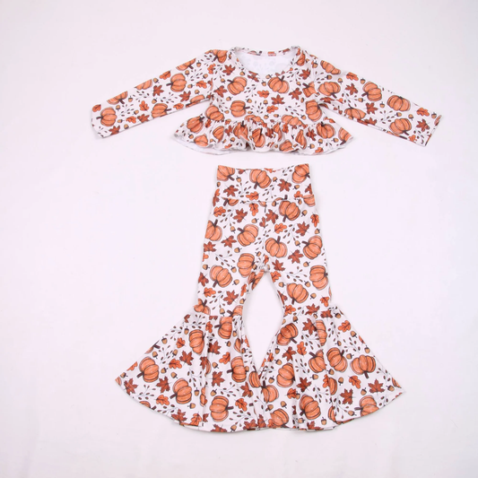 ( Moq 5 ) Preorder Baby Girls Kids Pumpkins Leaves Ruffle Tops Bell Pants Set Fall Clothes
