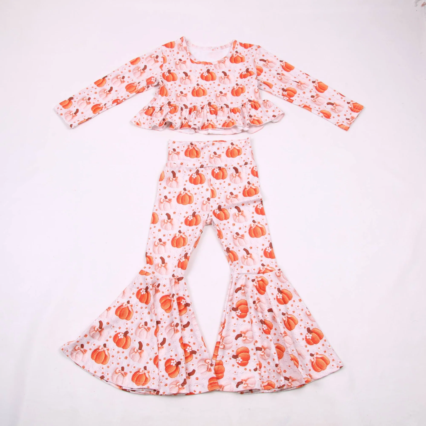 ( Moq 5 ) Preorder Baby Girls Kids Pumpkins Bows Ruffle Tops Bell Pants Set Fall Clothes