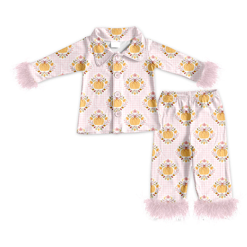 ( Moq 5 ) Preorder Baby Girls Pink Fur Long Sleeves Bows Pumpkins Flower Buttons Shirt Pants Fall Pajamas Set Clothes