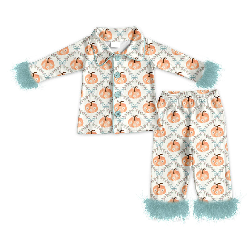 ( Moq 5 ) Preorder Baby Girls Kids Fur Long Sleeves Flower Pumpkins Buttons Shirt Pants Fall Pajamas Set Clothes