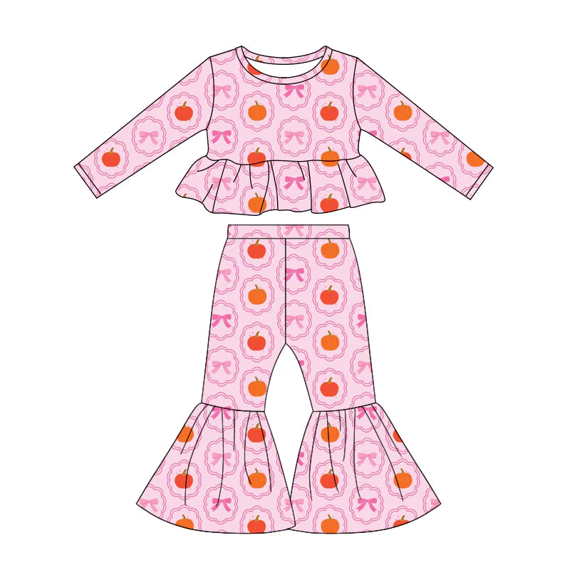 ( Moq 5 ) Preorder Baby Girls Kids Long Sleeves Tops Pumpkins Bows Bell Pants Fall Set Pink Clothes
