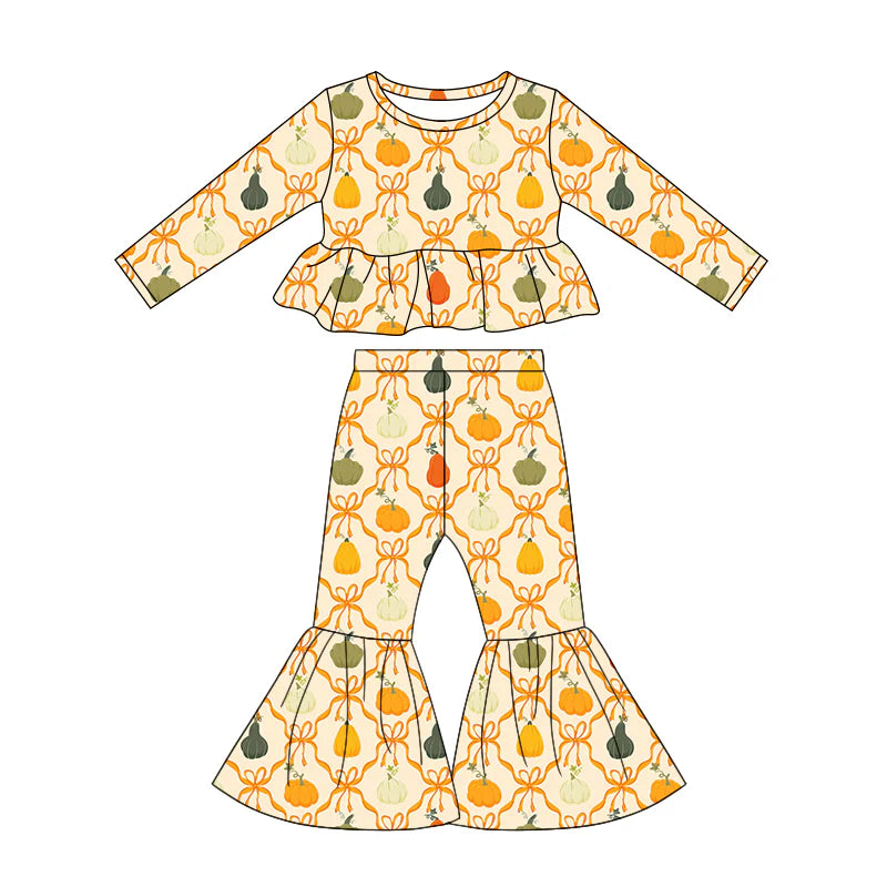 ( Moq 5 ) Preorder Baby Girls Kids Long Sleeves Tops Pumpkins Bows Bell Pants Fall Set Clothes