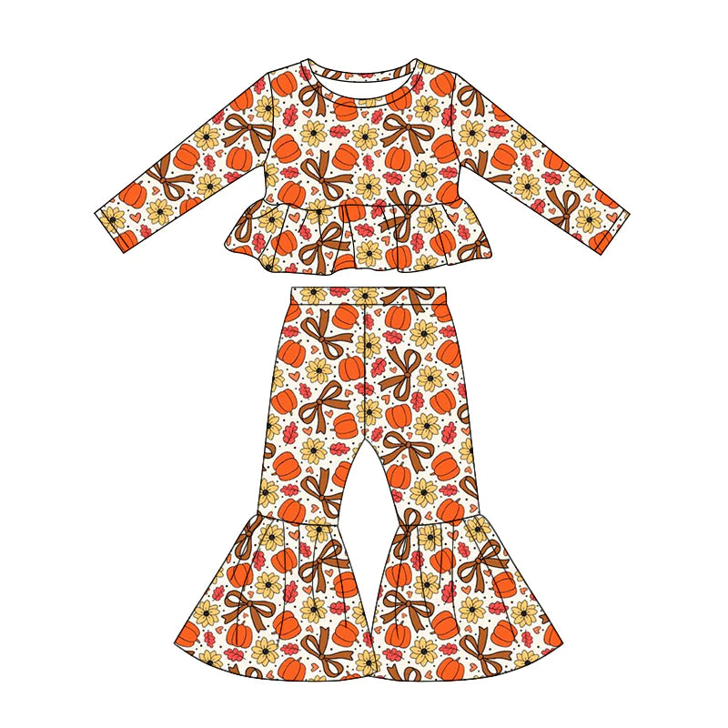 ( Moq 5 ) Preorder Baby Girls Kids Pumpkins Bows Flower Tops Bell Pants Fall Set Clothes