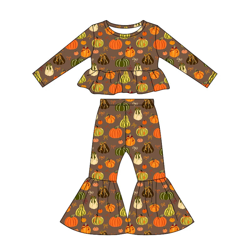 ( Moq 5 ) Preorder Baby Girls Kids Pumpkins Bows Tops Bell Pants Set Fall Clothes