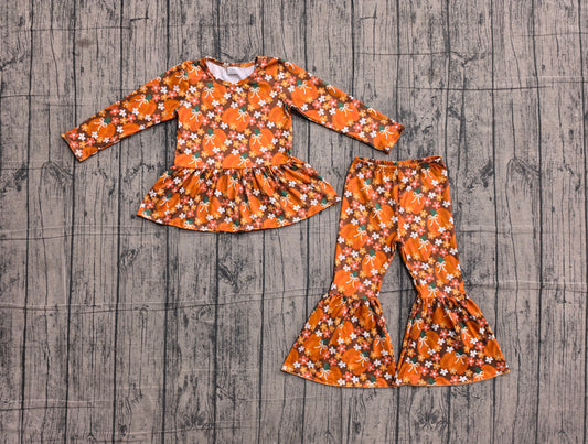 ( No moq ) Preorder Baby Girls Kids Pumpkins Bows Flower Tops Bell Pants Set Fall Clothes