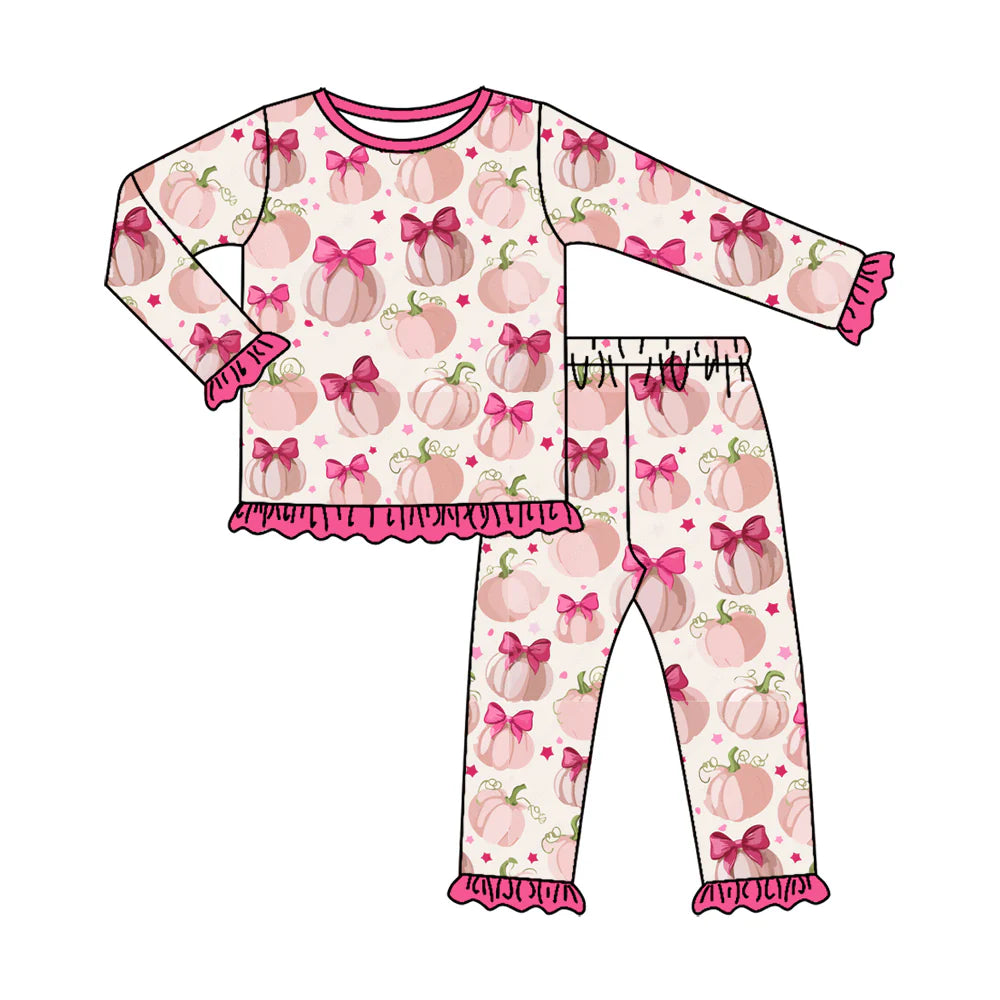 ( Moq 5 ) Preorder Baby Girls Kids Pumpkins Bows Shirt Pants Pink Set Fall Pink Pajamas